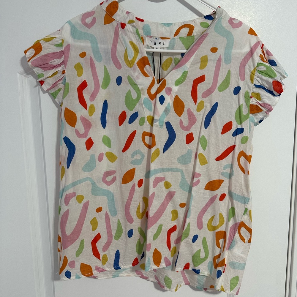 THML Boxy White and Pink Puff Sleeve Blouse